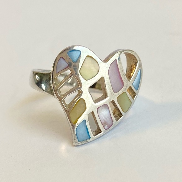 Vintage Sterling Silver Heart Ring Mother Of Pearl Cutout Pink Blue Y2K Size 9 - Picture 5 of 12